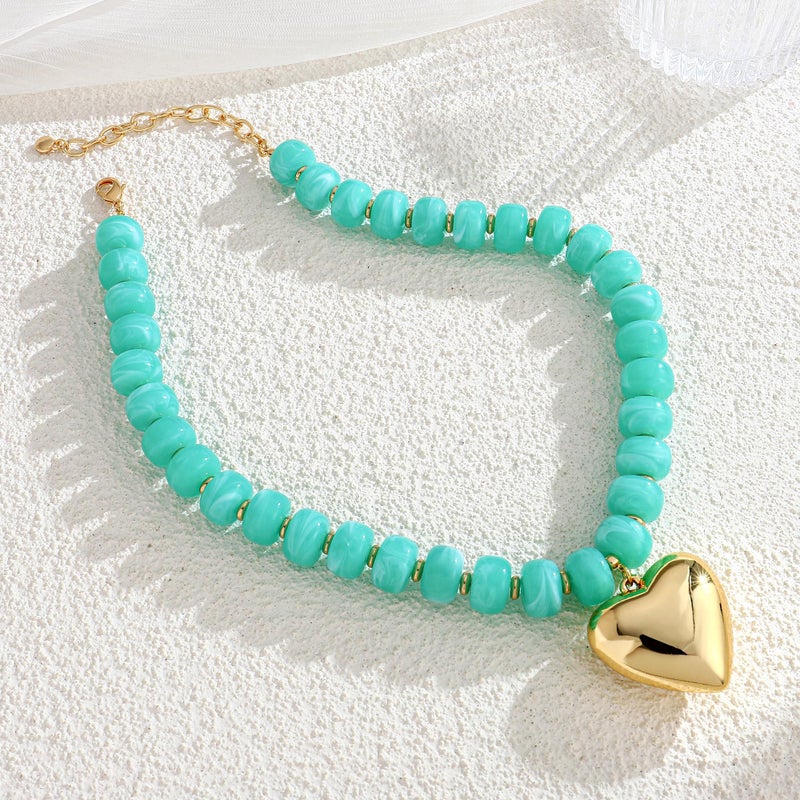 WOWORAMA Puffy Heart Necklace for Women Blue Resin Beaded Statement Necklaces Boho Chunky Heart Choker Necklace Trendy Acrylic Jewelry - Image 2