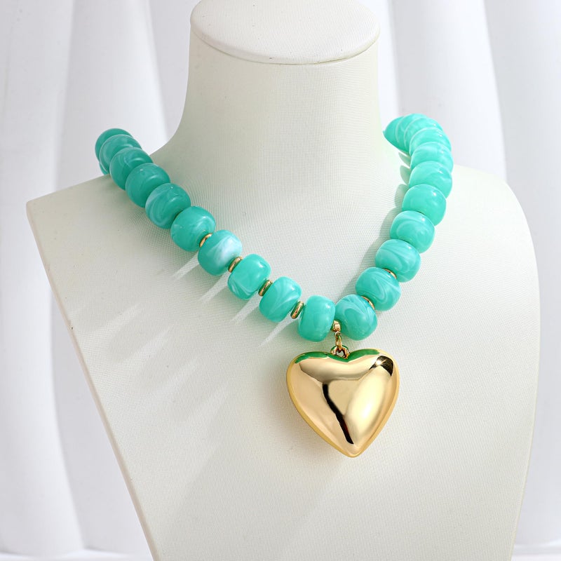 WOWORAMA Puffy Heart Necklace for Women Blue Resin Beaded Statement Necklaces Boho Chunky Heart Choker Necklace Trendy Acrylic Jewelry - Image 4