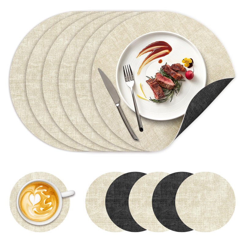NCUE 13" Round Placemats Set of 6, NCUE Dual-Sided Faux Leather Heat Resistant Table Mats, Waterproof Oilproof Washable Protective Table Placemats with Coaster, Wipeable Vinyl for Indoor & Outdoor Use - Image 1