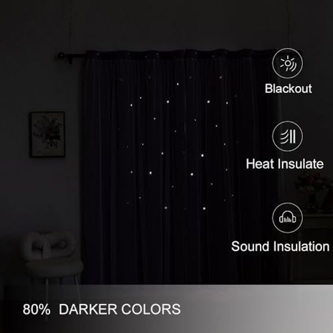 FANLI Ombre Rainbow Blackout Curtains for Kid Girls Bedroom Living Room Darking Stripe Double Layer Star Cut Out Wall Home Decor Gradient Grommet Window Curtains (Purple 63L) - Image 3
