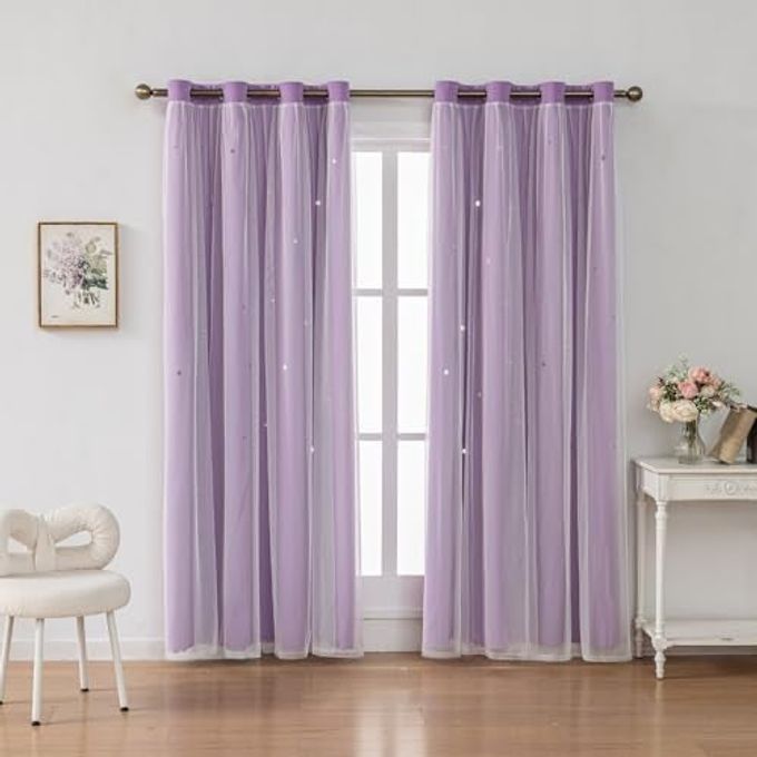 FANLI Ombre Rainbow Blackout Curtains for Kid Girls Bedroom Living Room Darking Stripe Double Layer Star Cut Out Wall Home Decor Gradient Grommet Window Curtains (Purple 63L) - Image 4