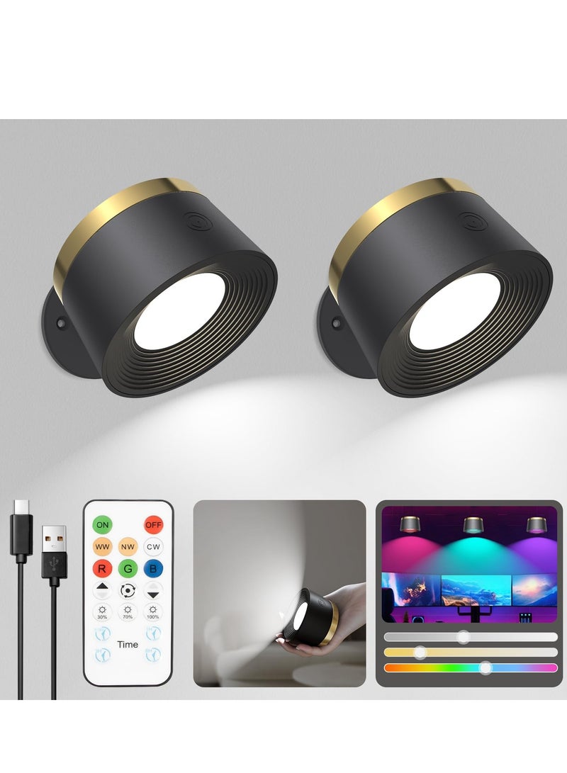 شو وو قطعتان من مصابيح الحائط LED مع جهاز تحكم عن بعد، مصباح حائط يعمل ببطارية قابلة لإعادة الشحن 2200 مللي أمبير في الساعة، قابل للتعتيم 16RGB + 3 درجات حرارة ألوان مصباح حائط لاسلكي مغناطيسي، أسود - Image 1