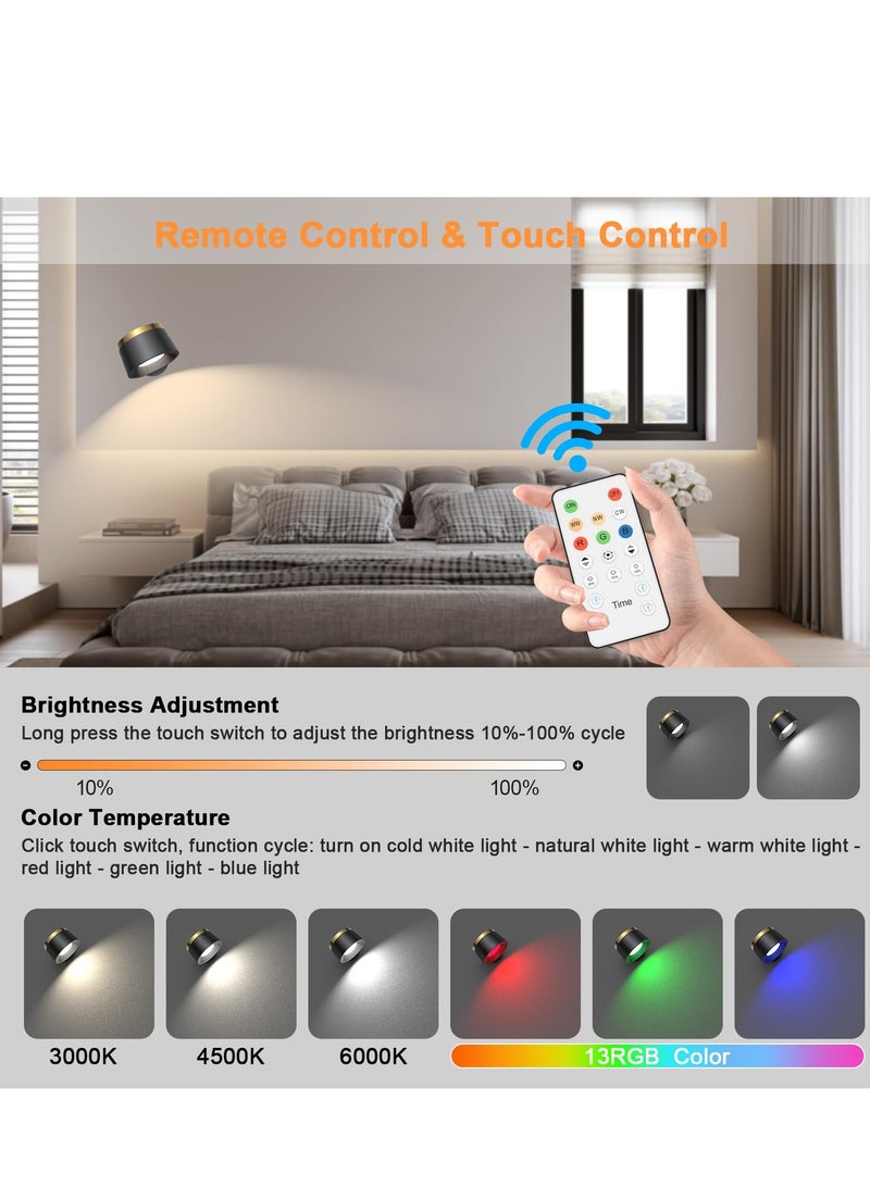 شو وو قطعتان من مصابيح الحائط LED مع جهاز تحكم عن بعد، مصباح حائط يعمل ببطارية قابلة لإعادة الشحن 2200 مللي أمبير في الساعة، قابل للتعتيم 16RGB + 3 درجات حرارة ألوان مصباح حائط لاسلكي مغناطيسي، أسود - Image 5