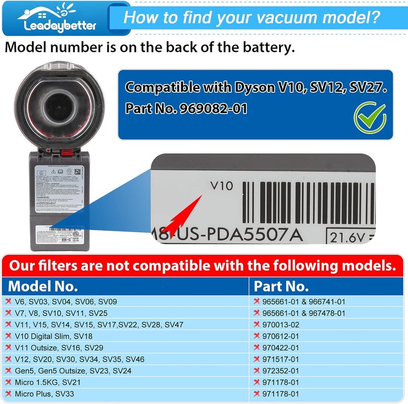 Leadaybetter 4pack Washable Hepa Filter Replacements for Dyson V10 SV12 Cordless Vacuum Cyclone Animal Absolute Total Clean Cordless Vacuum Cleaner, Replace # DY-969082-01 - Image 2