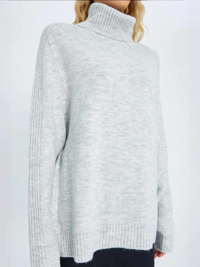 MixRay Grey Mixray Loose Fit Turtleneck Knit Sweater for Women | Best Price UAE