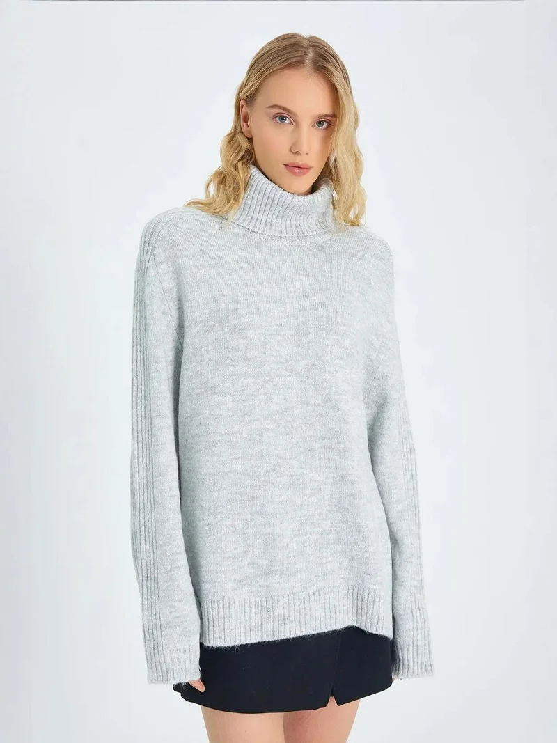 MixRay Grey Mixray Loose Fit Turtleneck Knit Sweater for Women | Best Price UAE