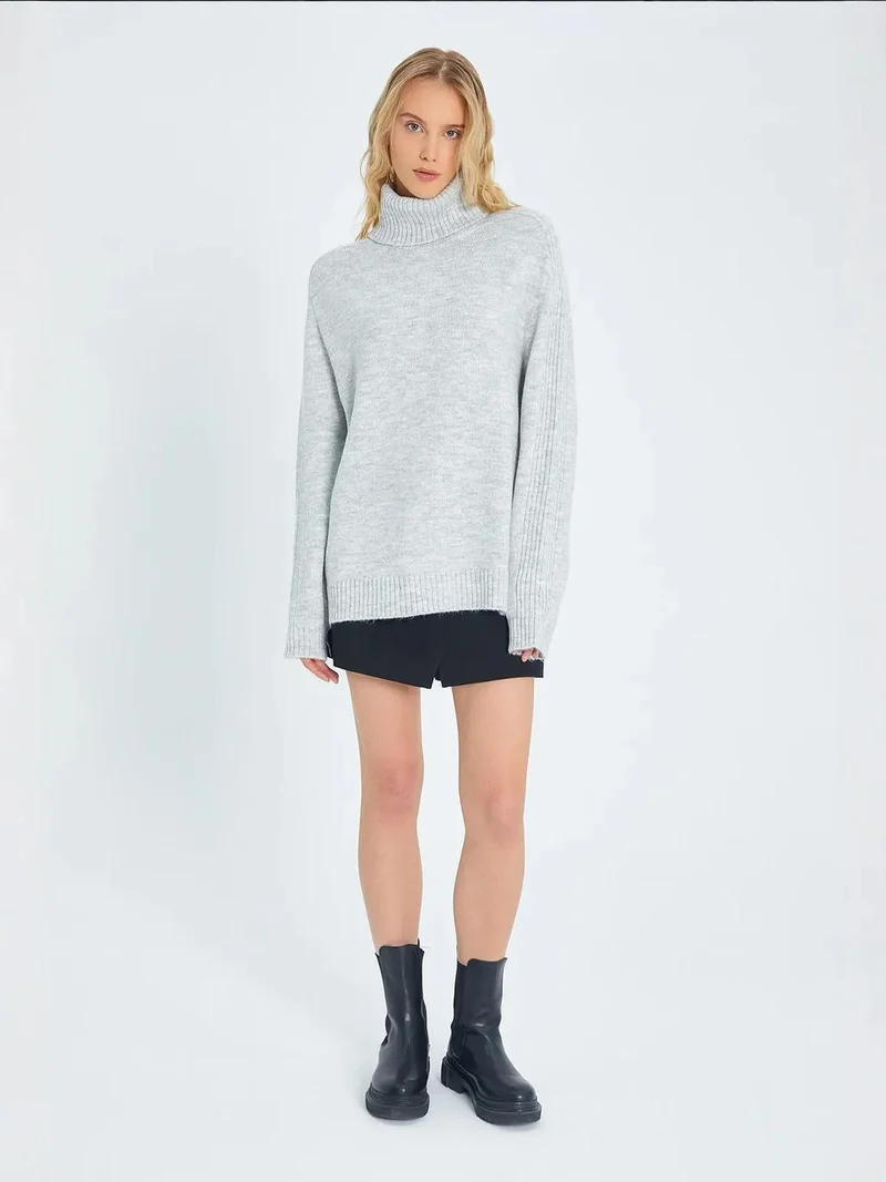 MixRay Grey Mixray Loose Fit Turtleneck Knit Sweater for Women | Best Price UAE