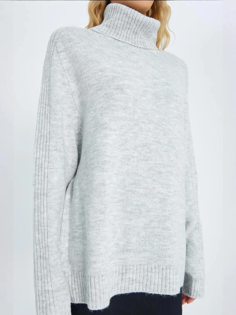 Mixray Grey Mixray Loose Fit Turtleneck Knit Sweater for Women | Best Price UAE
