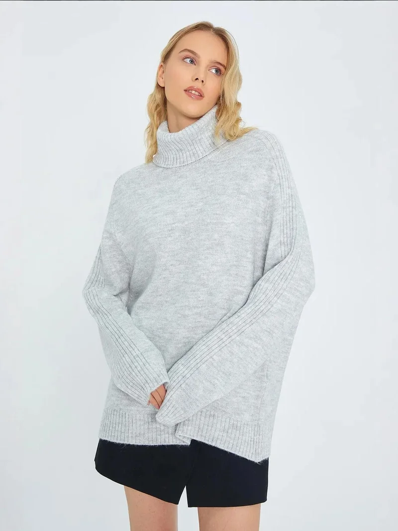Mixray Grey Mixray Loose Fit Turtleneck Knit Sweater for Women | Best Price UAE