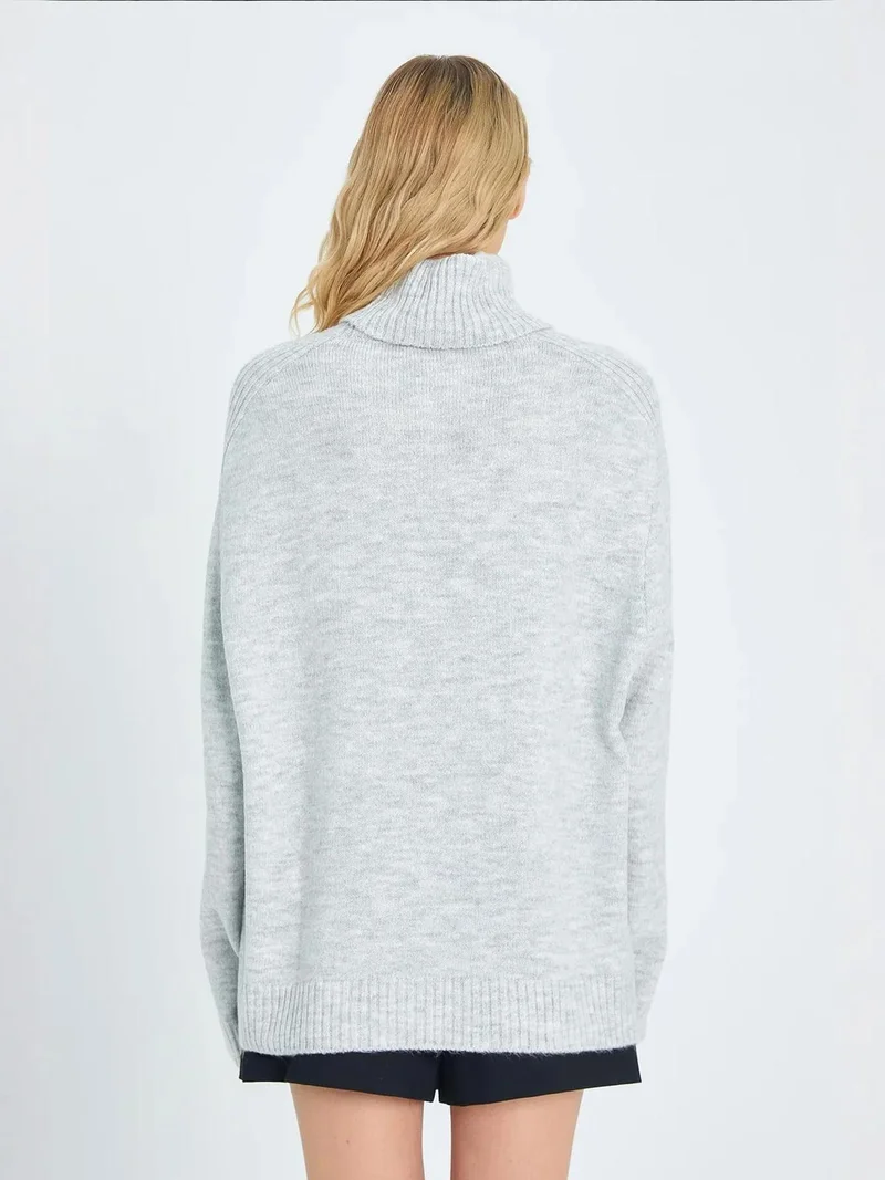 Mixray Grey Mixray Loose Fit Turtleneck Knit Sweater for Women | Best Price UAE