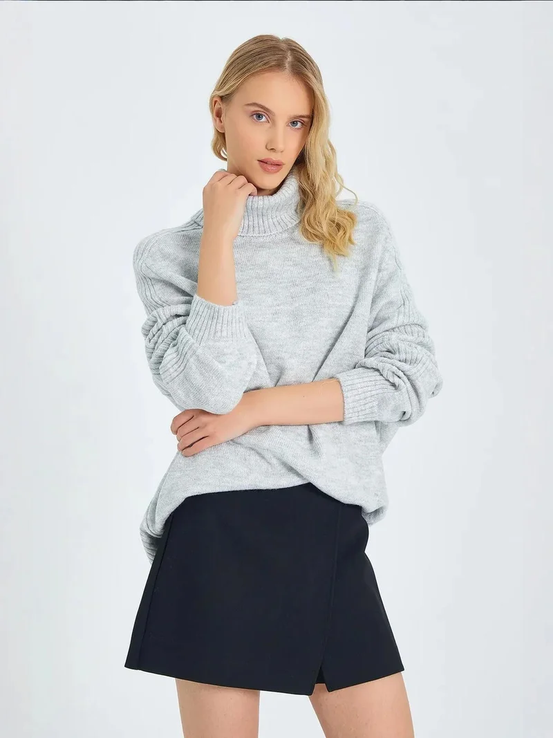 Mixray Grey Mixray Loose Fit Turtleneck Knit Sweater for Women | Best Price UAE