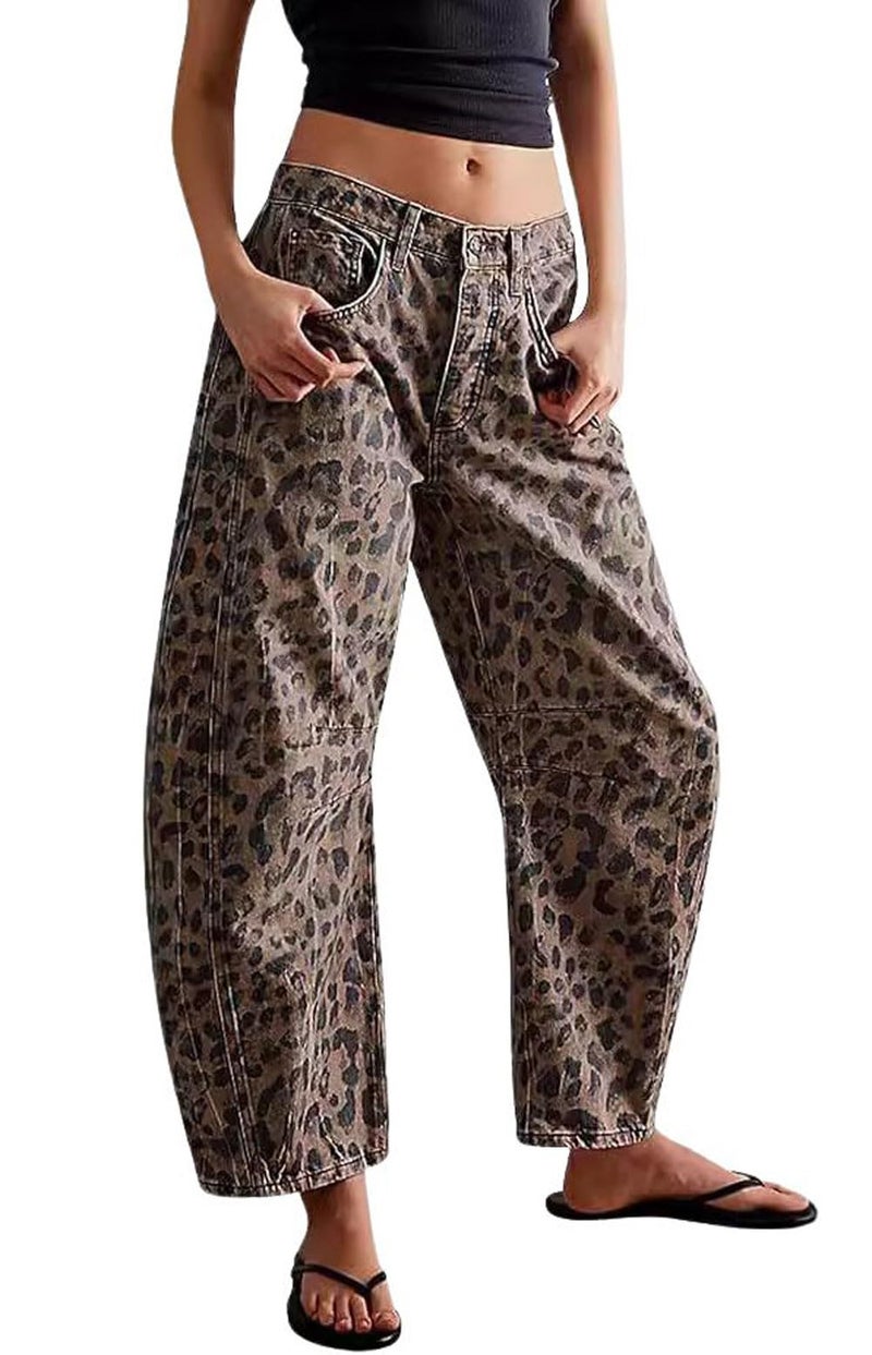 CHARTOU Barrel Jeans for Women Baggy Wide Leg Y2k Mid Rise Ankle Denim Pants (Large,Classic Leopard) - Image 1