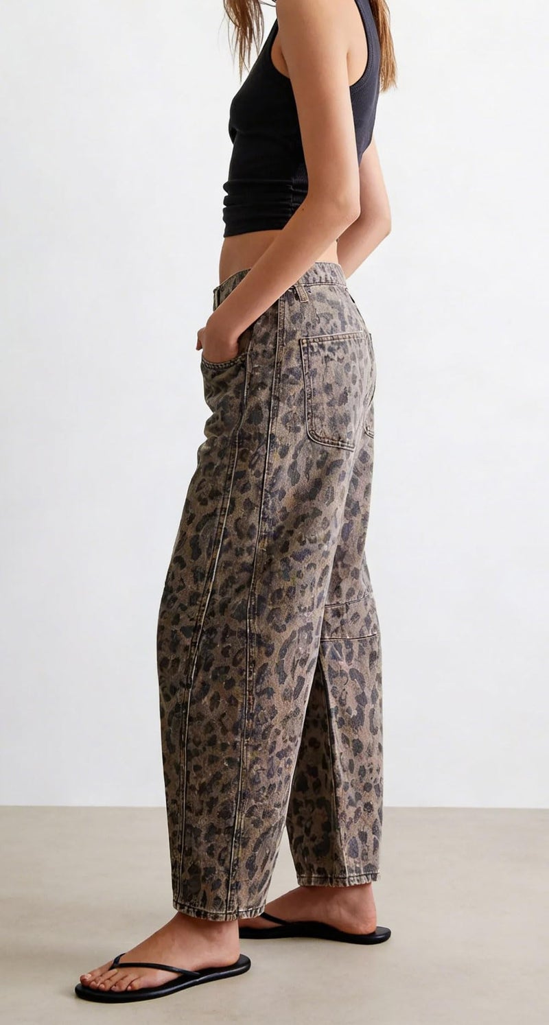 CHARTOU Barrel Jeans for Women Baggy Wide Leg Y2k Mid Rise Ankle Denim Pants (Large,Classic Leopard) - Image 3
