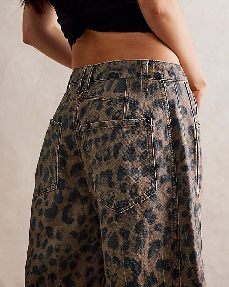 CHARTOU Barrel Jeans for Women Baggy Wide Leg Y2k Mid Rise Ankle Denim Pants (Large,Classic Leopard) - Image 5