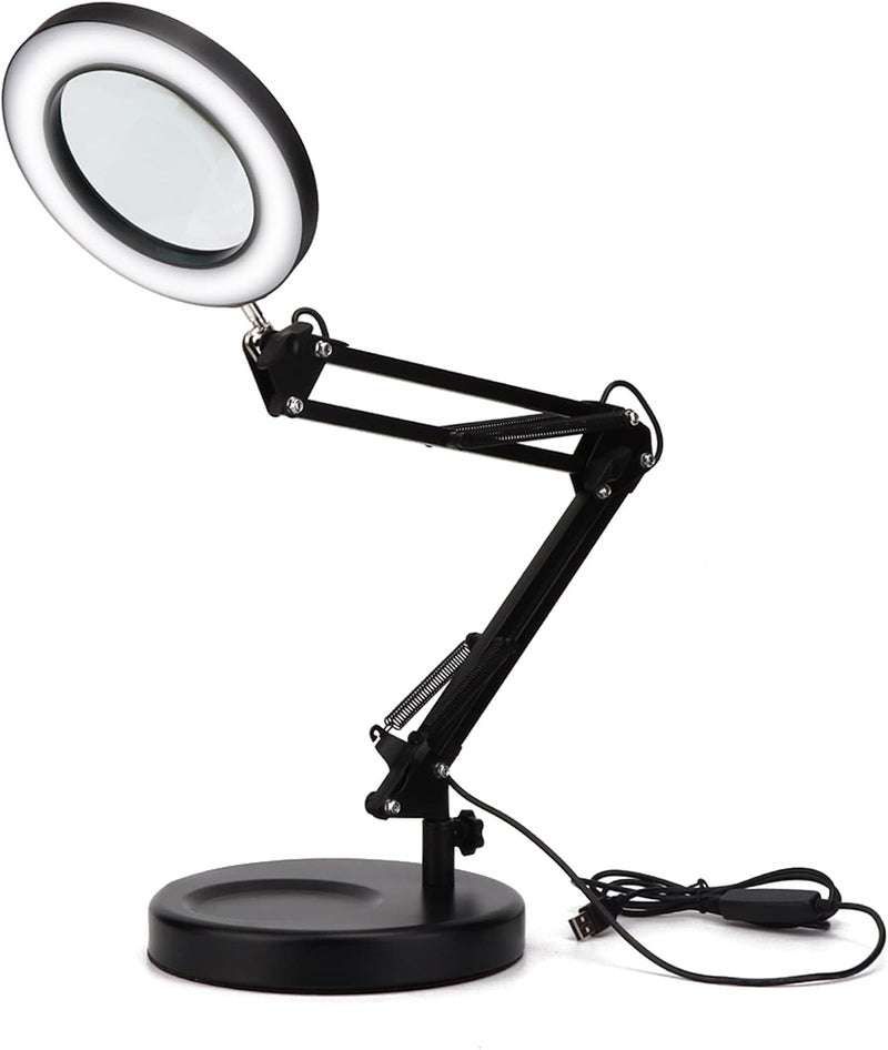 klarako Led Desk Lamp, 5X Magnifying Glass Lamp with Base, 3 Color Adjustable Eye Caring USB Desktop Magnifier Lamp for Tattoo Reading Studying Office Rework Craft - Image 1