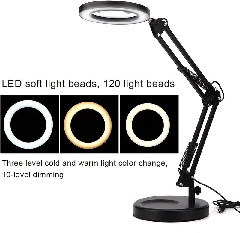 klarako Led Desk Lamp, 5X Magnifying Glass Lamp with Base, 3 Color Adjustable Eye Caring USB Desktop Magnifier Lamp for Tattoo Reading Studying Office Rework Craft - Image 4