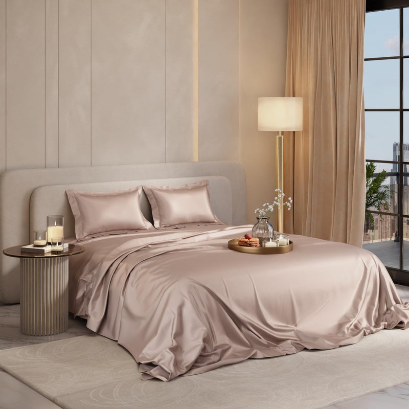 Stoa Paris Satin Bedsheet King Size with 2 Pillow Covers, 300TC Premium Bedsheets King Size, Home Decor, Ultimate Comfort, 274 cm x 228 cm, Date Night -Champagne - Image 1