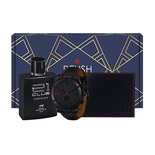 Relish Faux Leather Black Dial Analog Watch, Pu Wallet With Perfume For Men Combo Pack | Birthday, Diwali Gifts | Re-Pe513Ww - Image 1