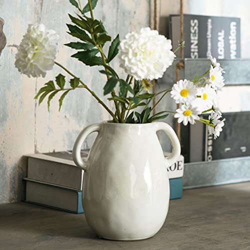 Tanvecle White Ceramic Vase with 2 Handles, Modern Farmhouse Decor, Rustic Terracotta Pottery, Decorative Flower Vases, Clay Small Vase, Centerpiece for Dining Table - 7 Inch Tall - Image 4