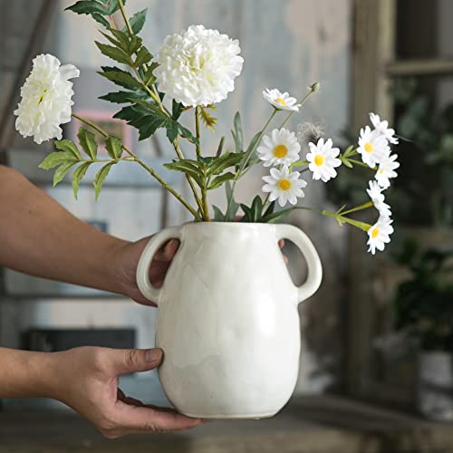 Tanvecle White Ceramic Vase with 2 Handles, Modern Farmhouse Decor, Rustic Terracotta Pottery, Decorative Flower Vases, Clay Small Vase, Centerpiece for Dining Table - 7 Inch Tall - Image 3