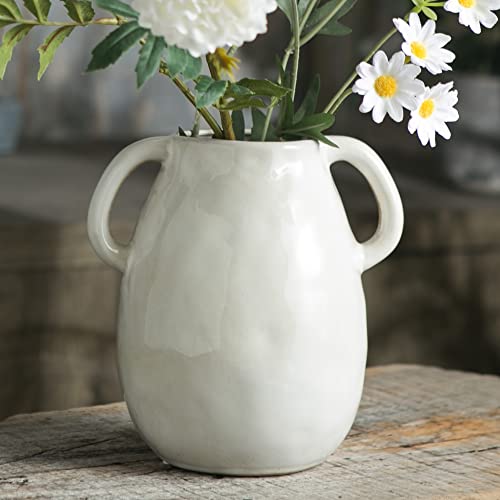 Tanvecle White Ceramic Vase with 2 Handles, Modern Farmhouse Decor, Rustic Terracotta Pottery, Decorative Flower Vases, Clay Small Vase, Centerpiece for Dining Table - 7 Inch Tall - Image 1