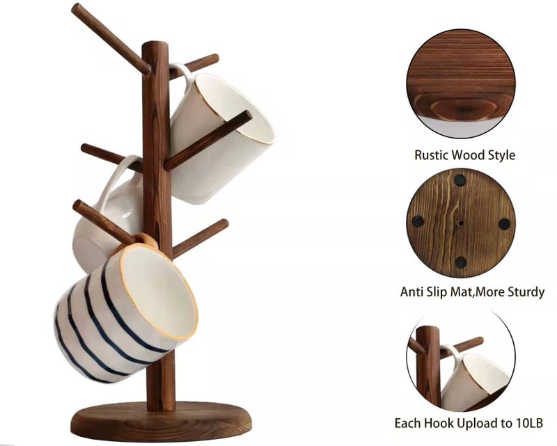 Tree Cup Holder 6 Brown Hooks Rustic Tree Design Coffee Mug Rack - Space-Saving Wall-Mount Mug Organizer for Kitchen Coffee Bar Decor & Small Kitchen Organization - Image 4