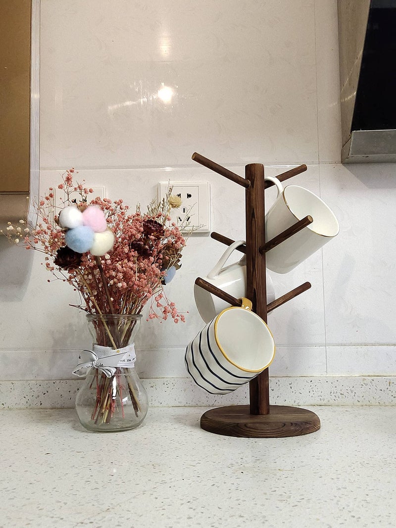 Tree Cup Holder 6 Brown Hooks Rustic Tree Design Coffee Mug Rack - Space-Saving Wall-Mount Mug Organizer for Kitchen Coffee Bar Decor & Small Kitchen Organization - Image 2