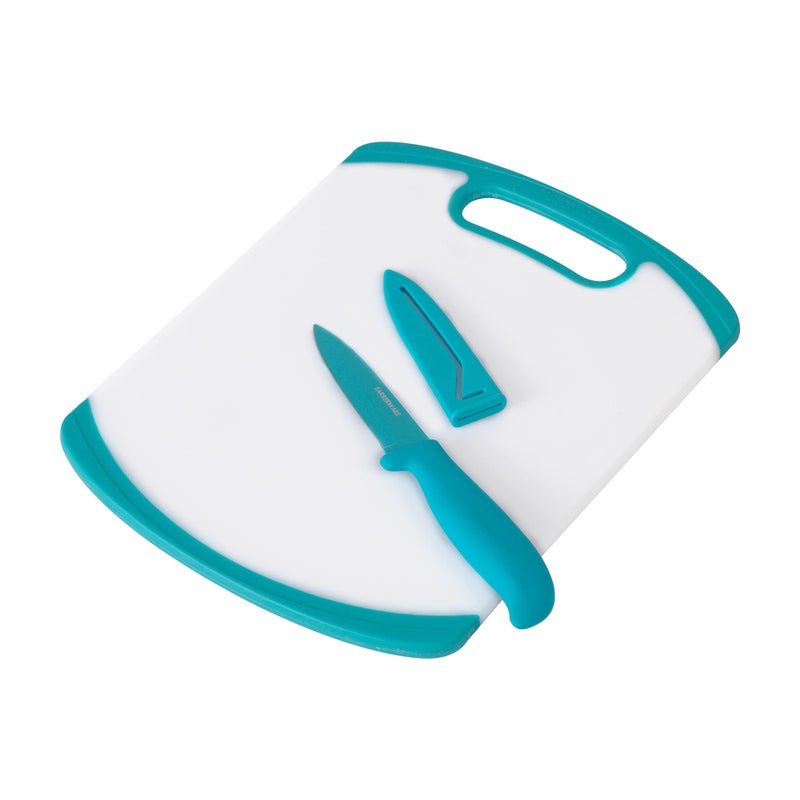 Farberware 2Piece Paring Knife and Cutting Board Set 35Inch Paring Knife with Resin Coating and CustomFit Blade Cover and NonSlip Plastic Chopping Board DishwasherSafe Set WhiteBlue