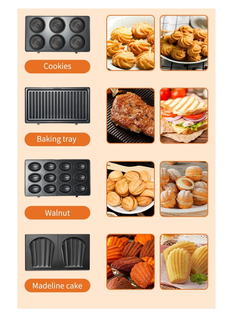 sokany 8 in 1 Multi Snacks Maker with Sandwich/Panini-Grill-Waffle-Donut-Nutty-Biscuit-Omelette-Hot Dog,Detachable Plates 750W SK-B140 Black/Silver - Image 5