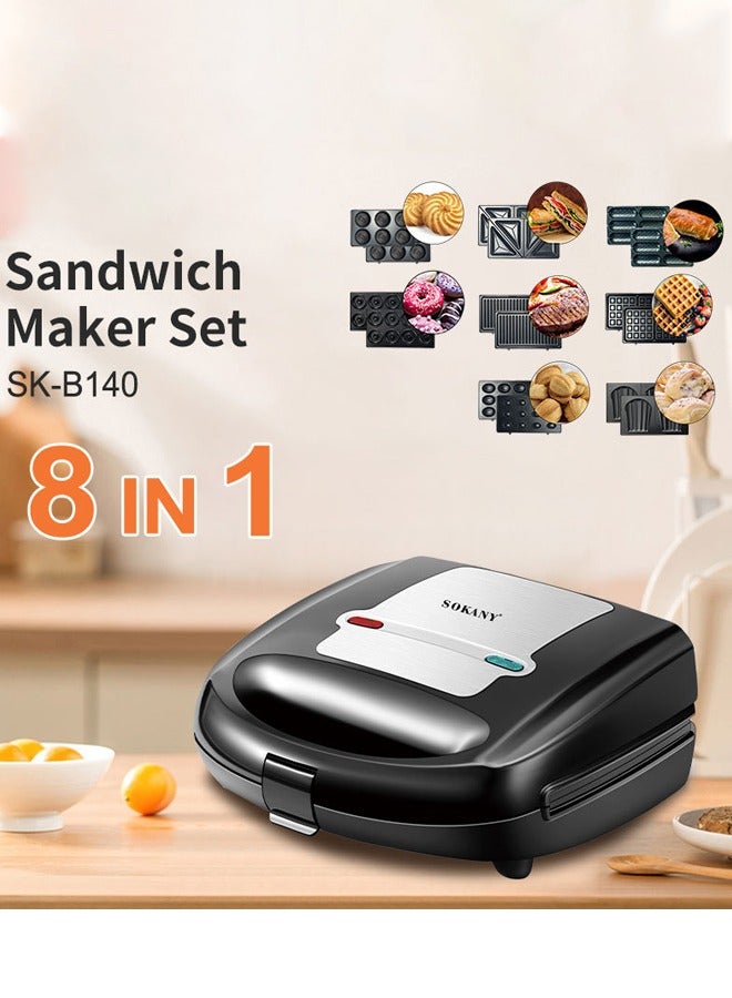 sokany 8 in 1 Multi Snacks Maker with Sandwich/Panini-Grill-Waffle-Donut-Nutty-Biscuit-Omelette-Hot Dog,Detachable Plates 750W SK-B140 Black/Silver - Image 2