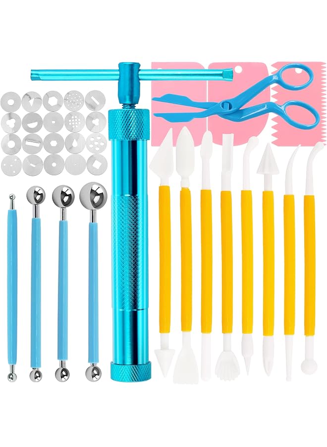 S-TOP 36Pcs Blue Clay Extruder Gun Fondant Sugar Paste Extruder Clay Cake Sculpture Gun, Ball Stylus Dotting Tool with Plastic Scraper, Cake Decorating Supplies Modeling Tool - Image 1