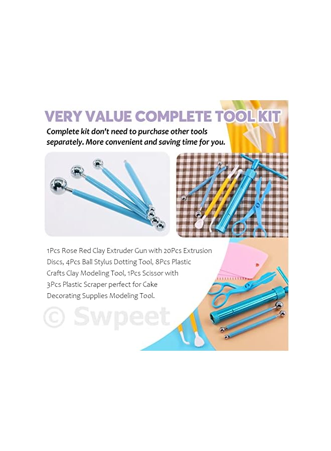 S-TOP 36Pcs Blue Clay Extruder Gun Fondant Sugar Paste Extruder Clay Cake Sculpture Gun, Ball Stylus Dotting Tool with Plastic Scraper, Cake Decorating Supplies Modeling Tool - Image 3