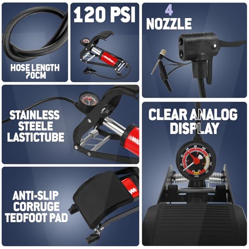 Woscher StepAir Single Cylinder Foot Tyre Inflator for Car and Bike, Air Pump for Car Tyre, 120 PSI Foot Car Tyre Inflator Pump with Pressure Gauge | Cycle Pump for Bicycle | Tyre Inflator Kit - Image 2