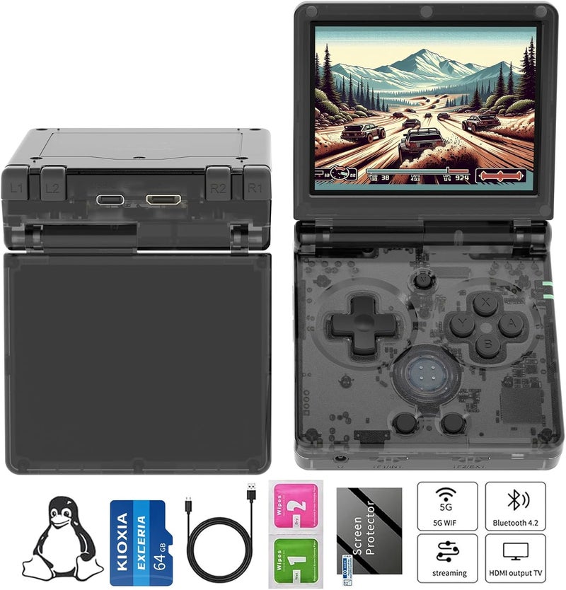 GiipGoop RG35XXSP فليب جهاز ألعاب محمول Rg35XXSP جهاز ألعاب رجعي صدفي مع بطاقة TF سعة 64 جيجابايت ترقية نظام 64 بت جهاز ألعاب محمول بطارية 3300 مللي أمبير يدعم 5G واي فاي بلوتوث HD مخرج تلفزيون أسود - Image 1