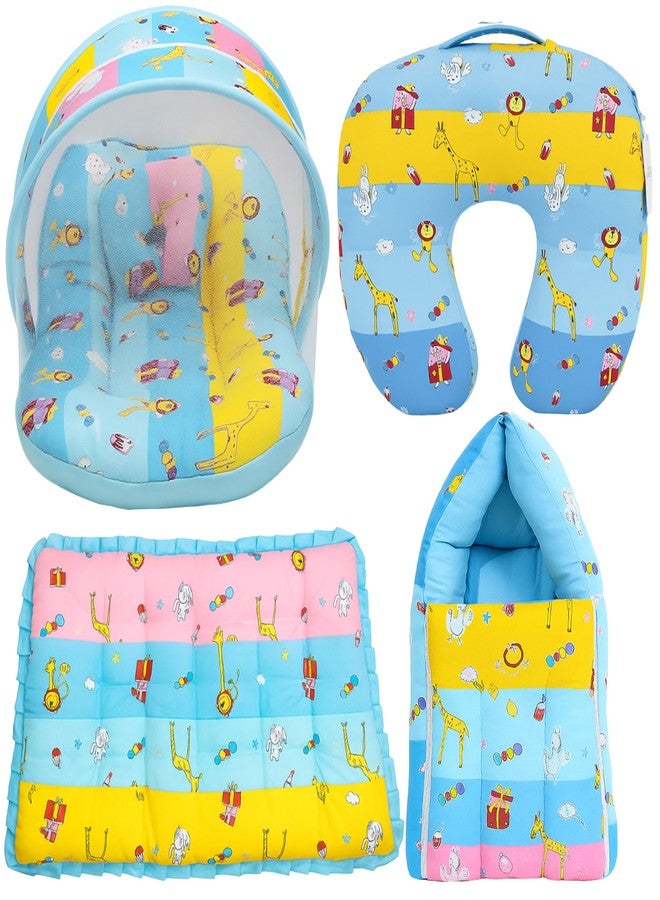Infantbond by fareto Baby Bedding Set Essentials Combo | Baby Bed | Carry Bag | Sleeping Bag | Hand Carry Bed | Feeding Pillow (0-6 Months)(All in 1)(Blue Giffi) - Image 1