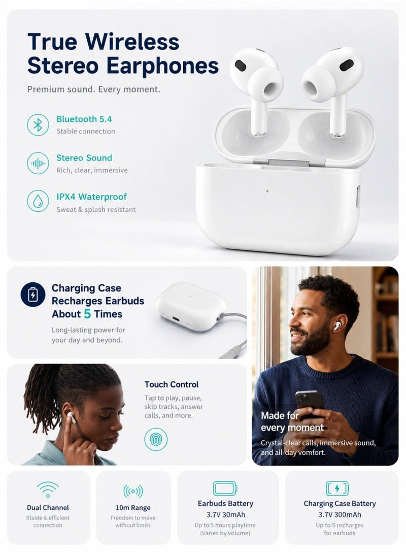 Starfire True Wireless Stereo Earphones, Bluetooth V5.4 Earbuds With Noise Cancellation, Touch Control, HD Calling, IPX4 Waterproof, 300mAh Charging Case, Long Battery Life, White - Image 3