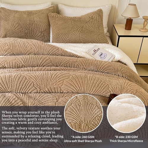 tohrisa Seashell Jacquard Sherpa Comforter Set Warm Cozy Premium Bedding 3 Pieces, Full/Queen Size Geometric Pattern Quilt Comforter with 2 Pillowcases(90"X90" Beige) - Image 4