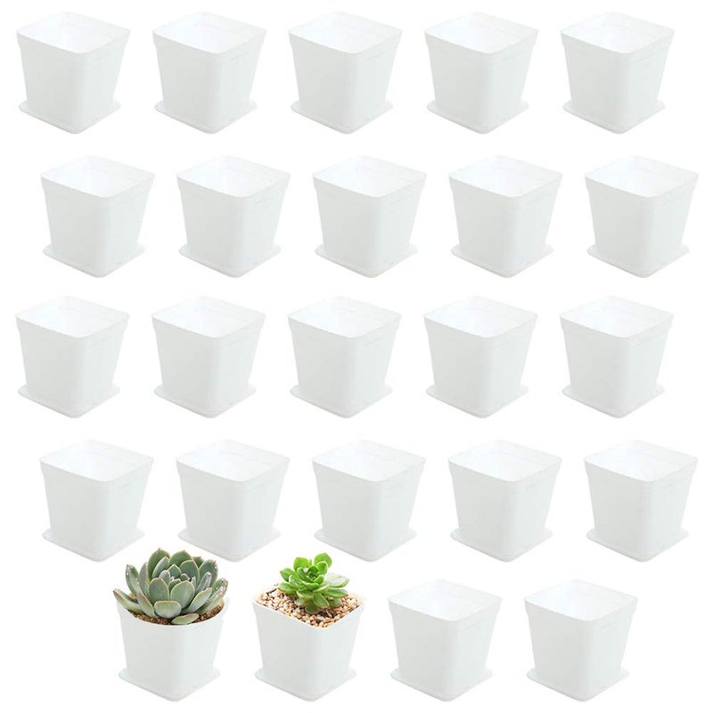OJYUDD 24 Pack 3 Inch White Square Plastic Plant Pots with Saucers,Nursery Seedling Pots with Drainage Hole,Small Planter Containers for Succulents,Flowers,Indoor Outdoor Garden,Home Office Balcony Decor - Image 1