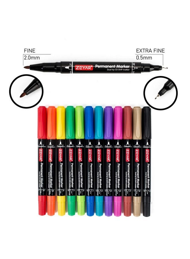 ZEYAR Twin Tip Permanent Markers, Cd/Dvd Markers, 12 Color, Ultra Fine Point And Fine Point For Signature And Marking (12 Colors) - Image 4