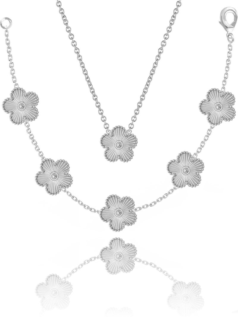 Qinpan Four Leaf Clover Necklace and Bracelet Set for Women Lucky Flower 14K Gold Plated Jewelry (Silver-White Gold Plated) - Image 3