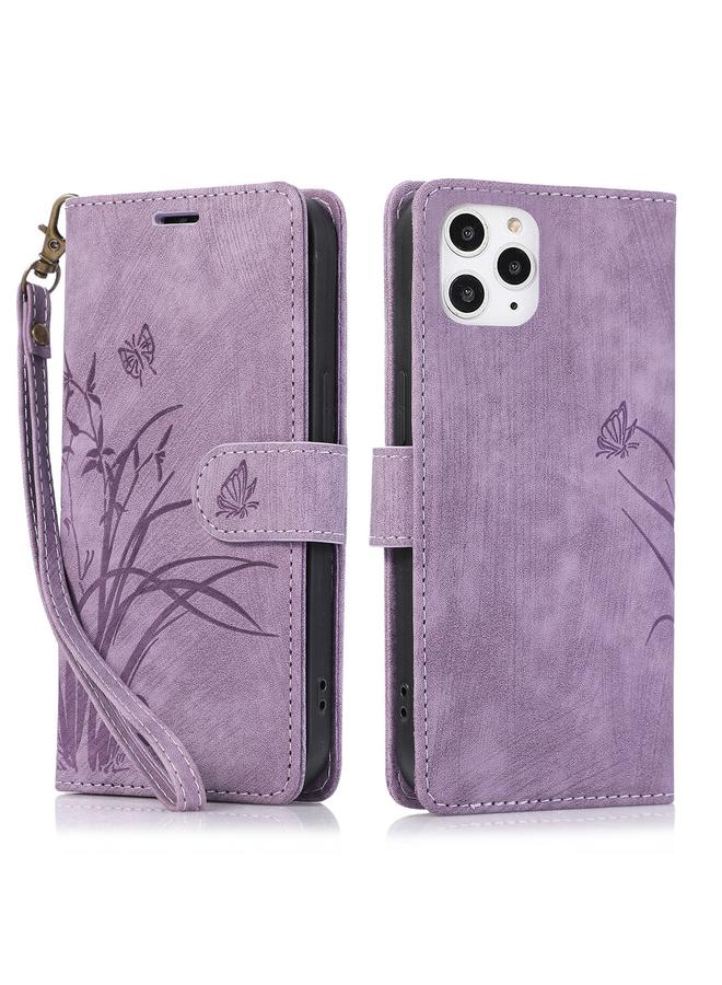 زبون جراب لهاتف iPhone 11 Pro Max مصنوع من الجلد المنقوش بنقشة فراشة الأوركيد - Image 1