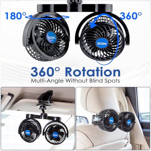 XOOL Clip Car Fan, Adjustable Dual Head 4 Inches 12V Fan for Front/Rear Seat Passenger, 360° Rotatable Electric Car Cooling Fans with Stepless Speed Regulation for SUV, RV, Vehicles - Image 2