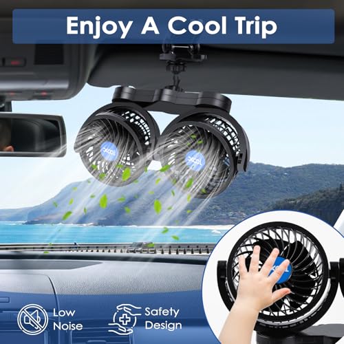 XOOL Clip Car Fan, Adjustable Dual Head 4 Inches 12V Fan for Front/Rear Seat Passenger, 360° Rotatable Electric Car Cooling Fans with Stepless Speed Regulation for SUV, RV, Vehicles - Image 4