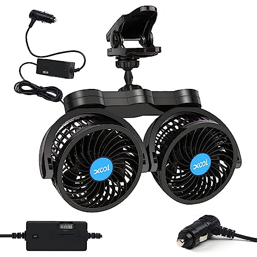 XOOL Clip Car Fan, Adjustable Dual Head 4 Inches 12V Fan for Front/Rear Seat Passenger, 360° Rotatable Electric Car Cooling Fans with Stepless Speed Regulation for SUV, RV, Vehicles - Image 1