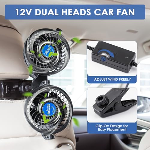 XOOL Clip Car Fan, Adjustable Dual Head 4 Inches 12V Fan for Front/Rear Seat Passenger, 360° Rotatable Electric Car Cooling Fans with Stepless Speed Regulation for SUV, RV, Vehicles - Image 5