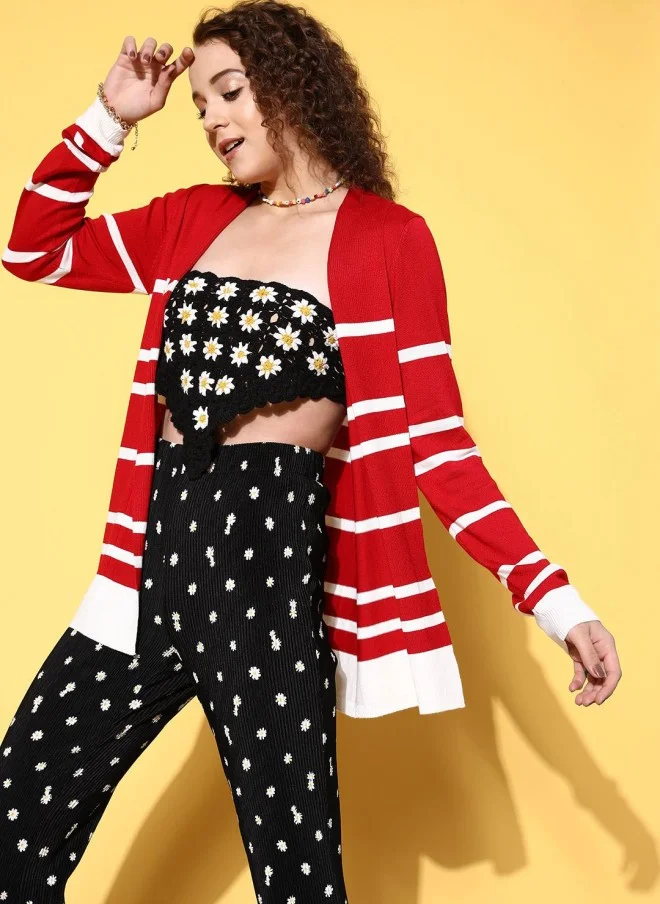 SASSAFRAS Red Striped Longline Shrug for Women