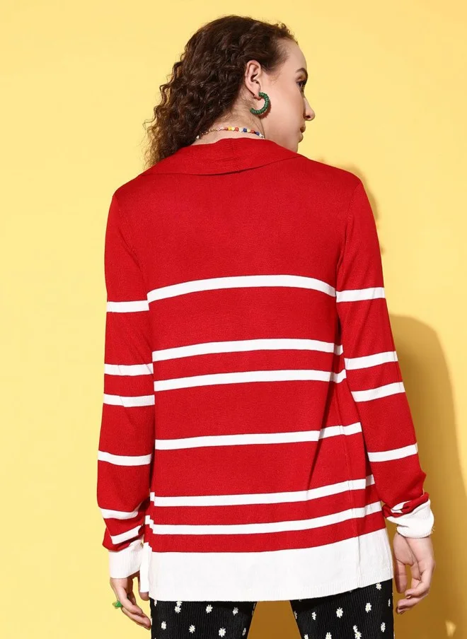 SASSAFRAS Red Striped Longline Shrug for Women