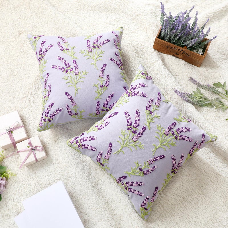 FuWeave 2 Pcs Lavender Flower Throw Pillow Cover 18 x 18 Inch Decorative Embroidered Boho Jacquard Purple White Floral Pillow Cover Decor for Bed Sofa Housewarming Gift (Lavender) - Image 2