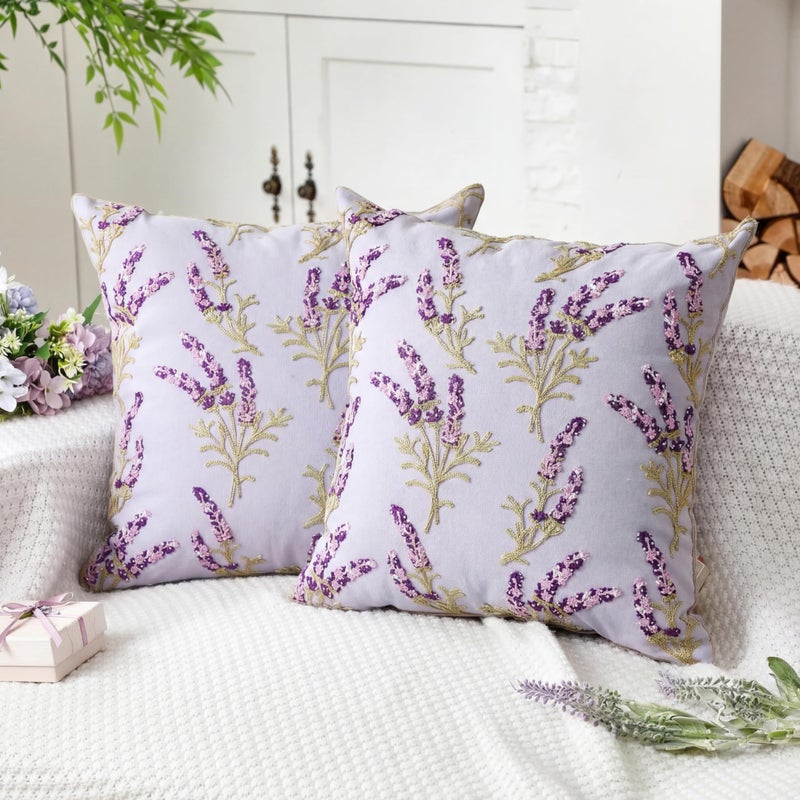 FuWeave 2 Pcs Lavender Flower Throw Pillow Cover 18 x 18 Inch Decorative Embroidered Boho Jacquard Purple White Floral Pillow Cover Decor for Bed Sofa Housewarming Gift (Lavender) - Image 1