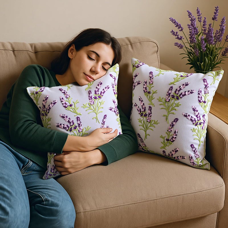 FuWeave 2 Pcs Lavender Flower Throw Pillow Cover 18 x 18 Inch Decorative Embroidered Boho Jacquard Purple White Floral Pillow Cover Decor for Bed Sofa Housewarming Gift (Lavender) - Image 5